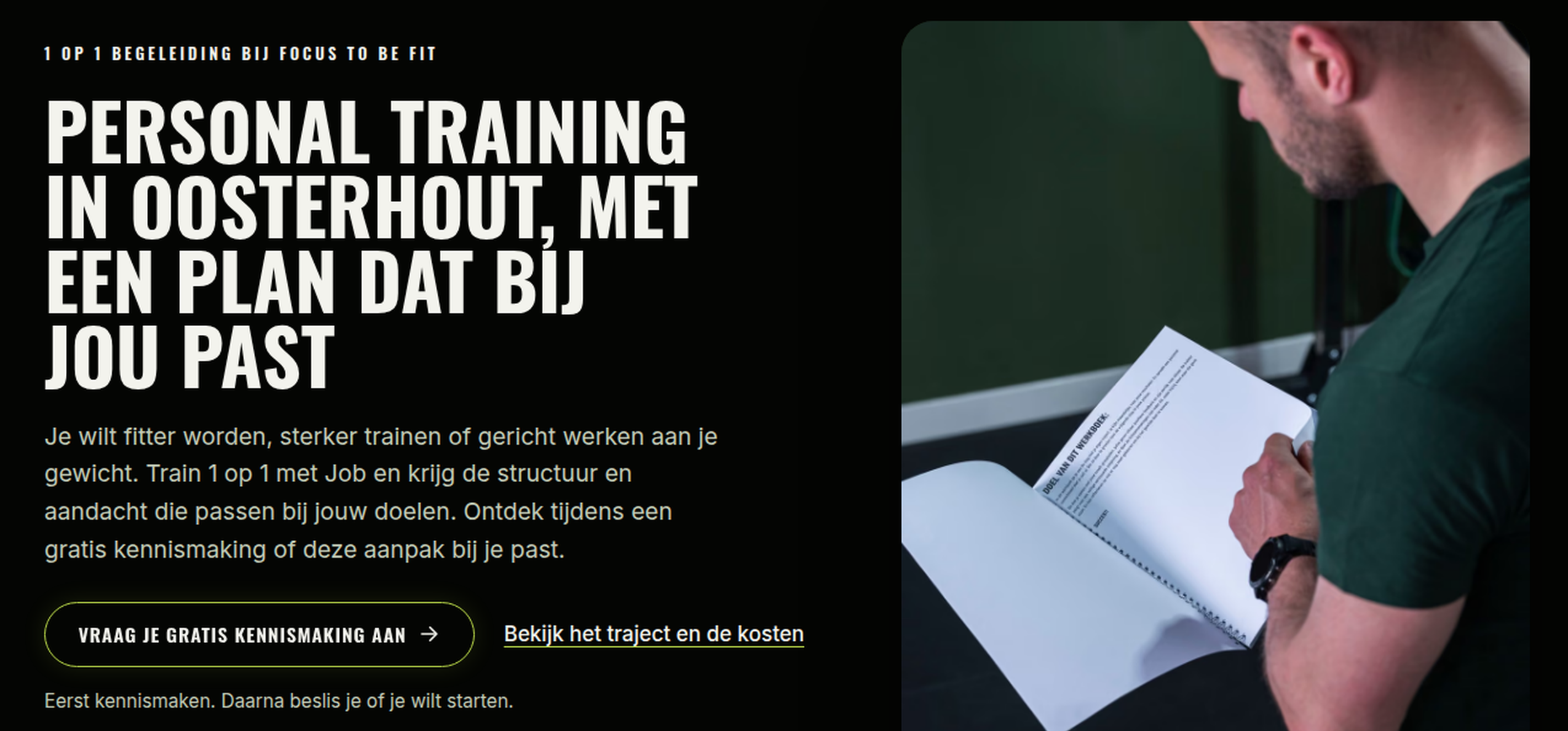 Huidige partnergebouwde Focus to be Fit Personal Training-pagina met de Gymful-briefingkop, intro, kennismakingsknop en trainerfoto