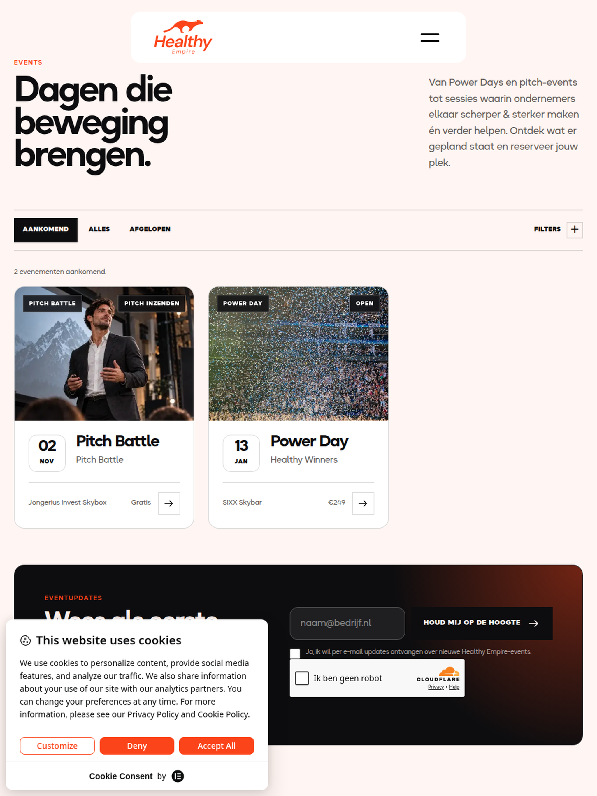 Healthy Empire eventoverzicht met twee zichtbare kaarten op de publieke website
