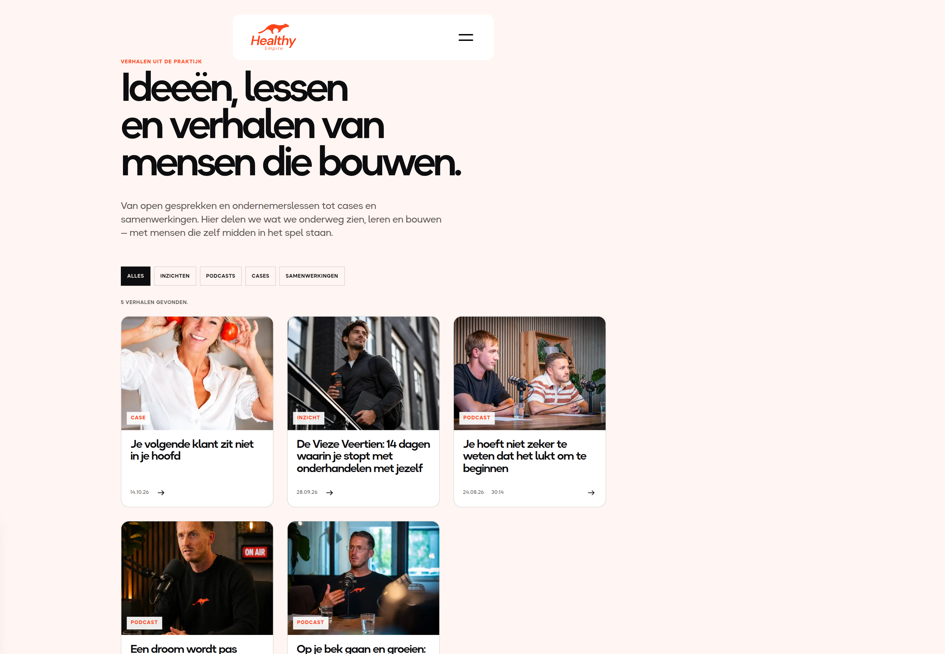 Huidige Healthy Empire Verhalen-pagina met filters en verhaalkaarten