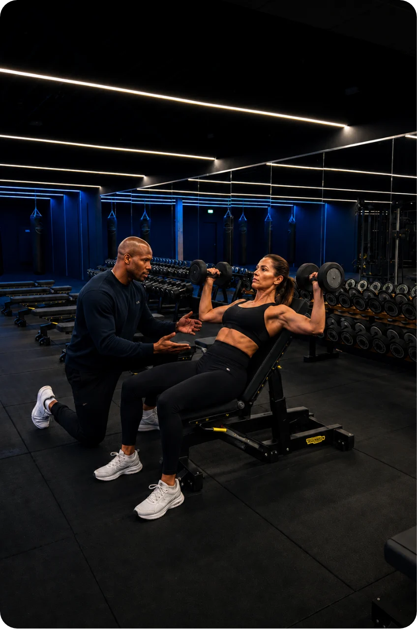 Trainer begeleidt een sporter bij een krachtoefening in Saen Sport