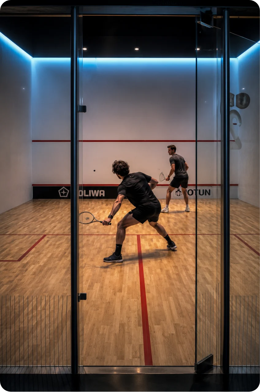 Twee spelers op de squashbaan van Saen Sport